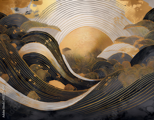 日本の伝統的なしめ縄を取り囲むように抽象的な波線や螺旋状の図形譜の要素を配置し、幾何学模様のフレームとなるように全体にリズミカルなデザイン