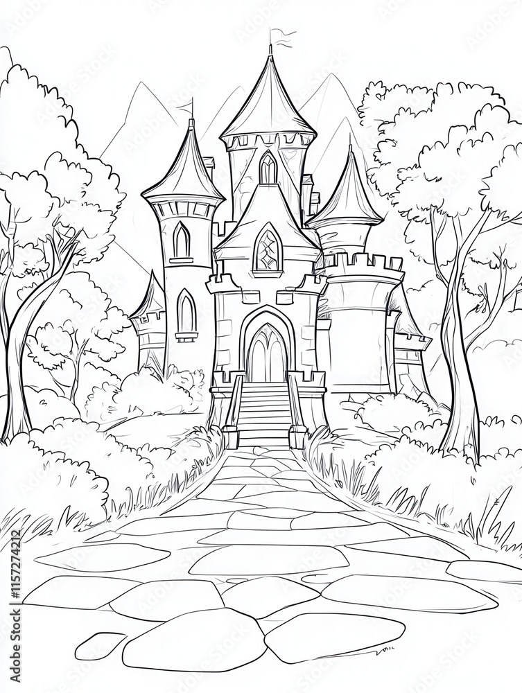 Enchanted Fairytale Castle Surrounded by Lush Nature and Mountains Enchanted Fairytale Castle Surrounded by Lush Nature and Mountains