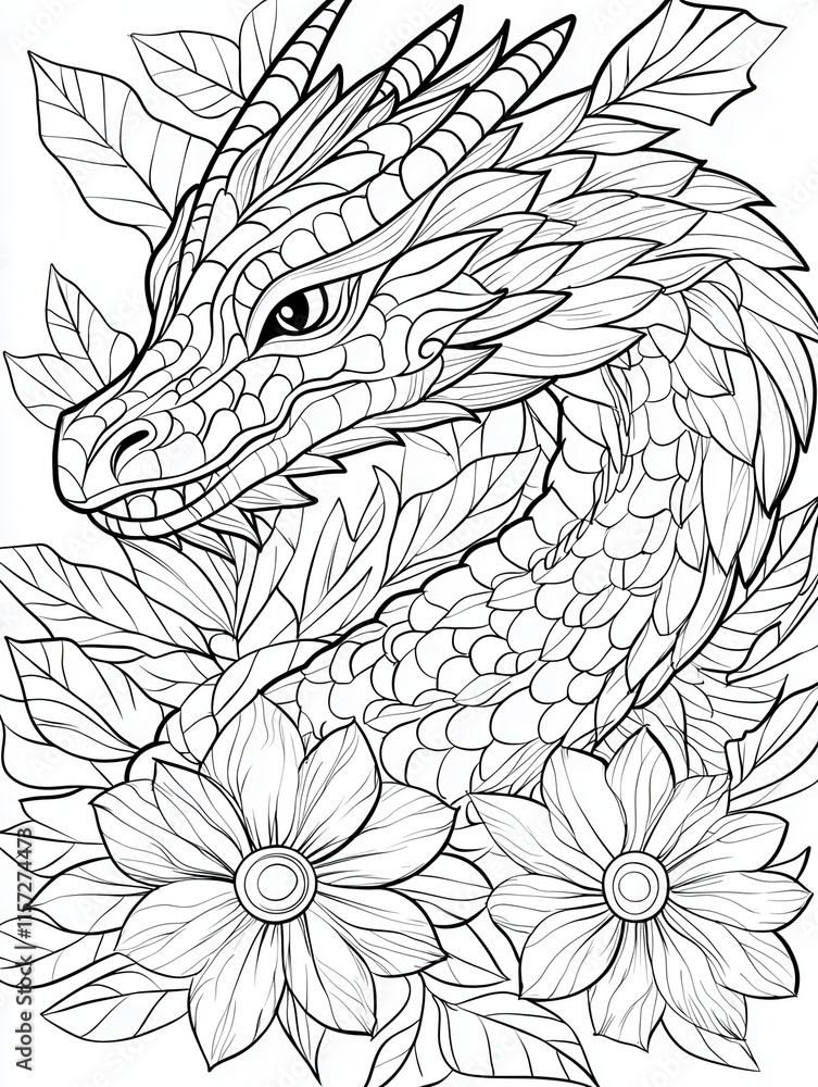 Fototapeta premium Intricate Dragon Surrounded by Lush Foliage and Vibrant Flowers