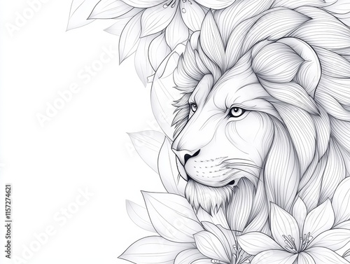 Majestic Lion Surrounded by Intricate Floral Line Art Design photo