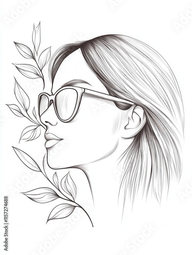 Elegant Profile of a Woman with Sunglasses and Leaves photo