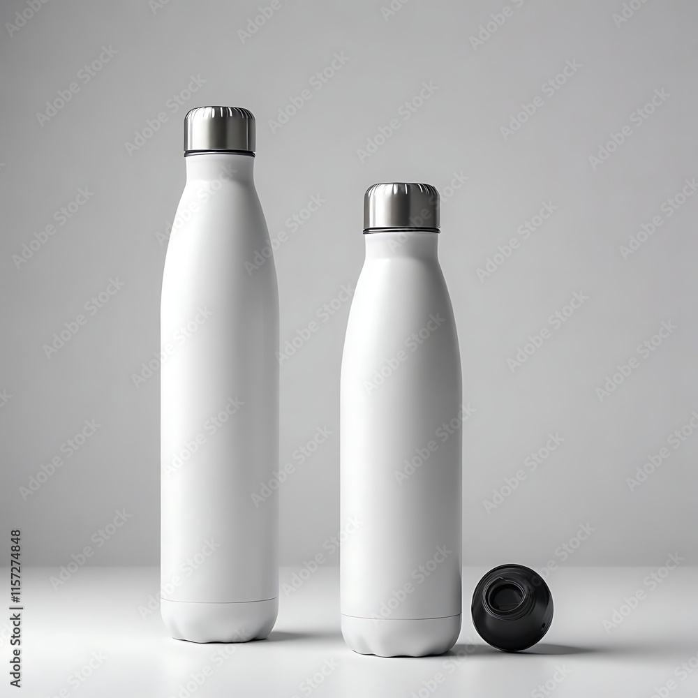 A stainless steel travel thermos with a matte finish, photographed on a plain white backdrop. A stainless steel travel thermos with a matte finish, photographed on a plain white backdrop.