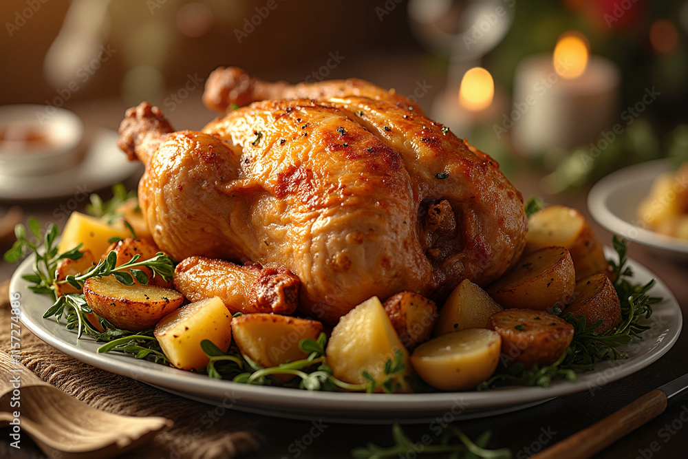 Roasted whole chicken served with golden roasted potatoes on a festive table setting Roasted whole chicken served with golden roasted potatoes on a festive table setting