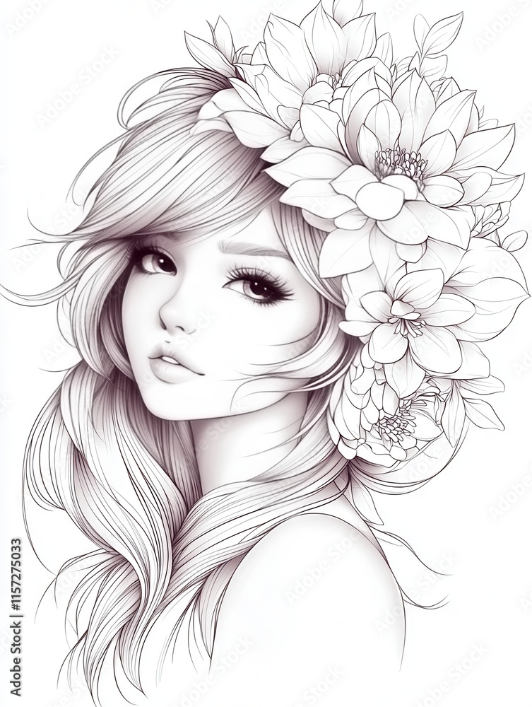 Ethereal Beauty with Floral Accents in Delicate Line Art Ethereal Beauty with Floral Accents in Delicate Line Art