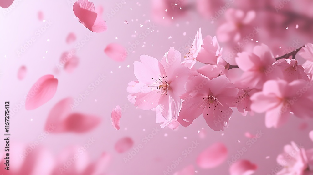 Fototapeta premium Petal Rain: Capture falling cherry blossoms against a pastel-pink sky