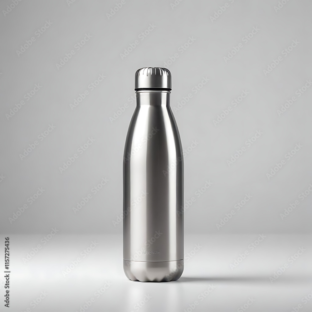 A stainless steel travel thermos with a matte finish, photographed on a plain white backdrop. A stainless steel travel thermos with a matte finish, photographed on a plain white backdrop.