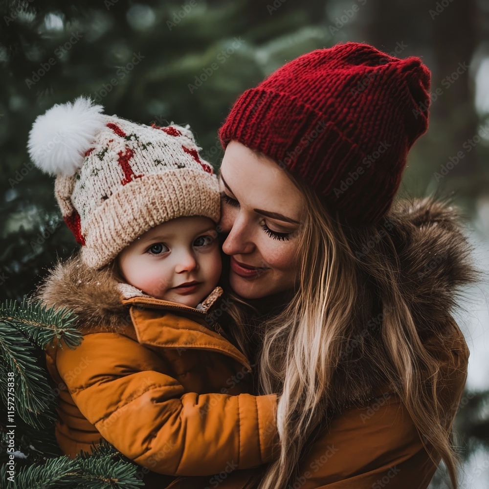 Mother and Child Enjoying a Cozy Winter Day Surrounded by Evergreen Trees With Snow-Covered Branches Mother and Child Enjoying a Cozy Winter Day Surrounded by Evergreen Trees With Snow-Covered Branches