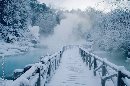 Serene winter landscape with snowy bridge leading to misty, tran photo