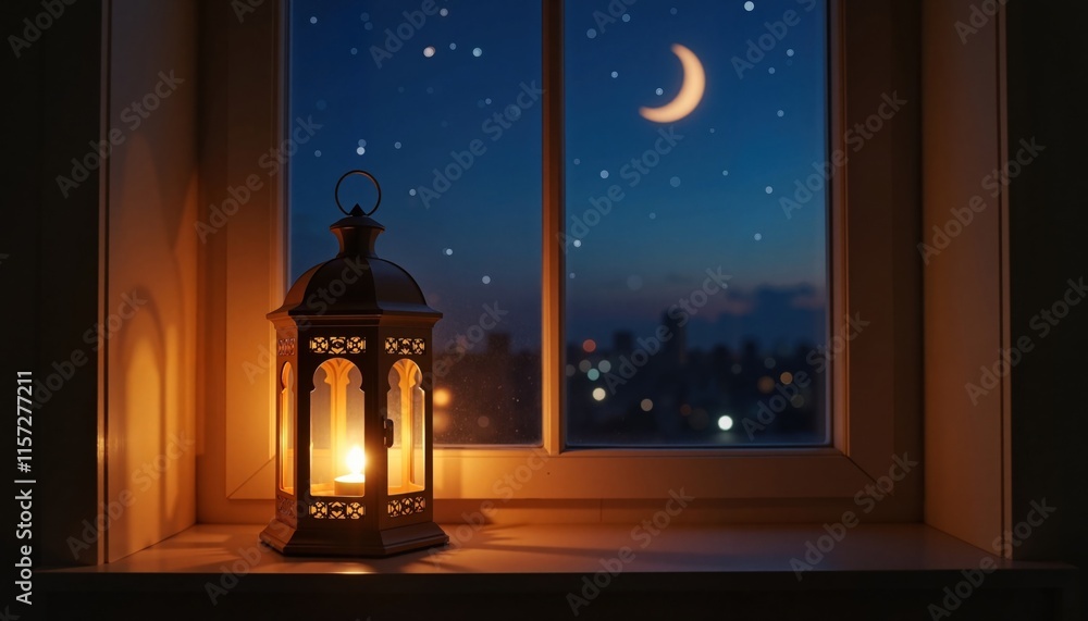 Lantern glowing on windowsill under crescent moon at night