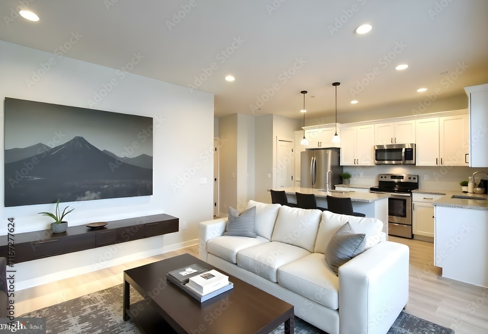A modern and spacious open-concept living room and kitchen area. The kitchen features white cabinets, stainless steel appliances, and a large central island. The living room has a plush white sofa. A modern and spacious open-concept living room and kitchen area. The kitchen features white cabinets, stainless steel appliances, and a large central island. The living room has a plush white sofa.