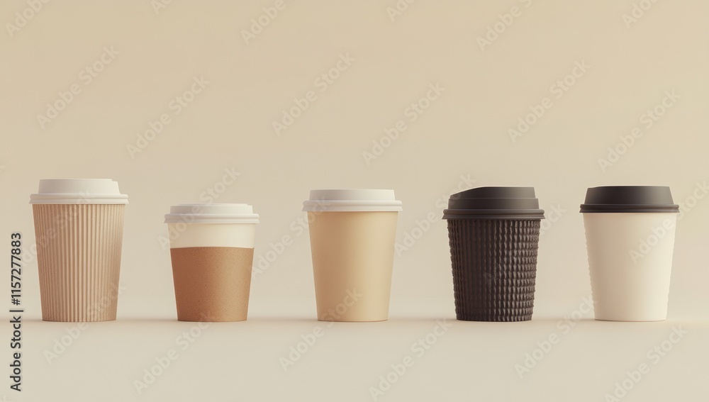 Five Coffee Cups Various Styles Beige Background Minimalist Design Five Coffee Cups Various Styles Beige Background Minimalist Design