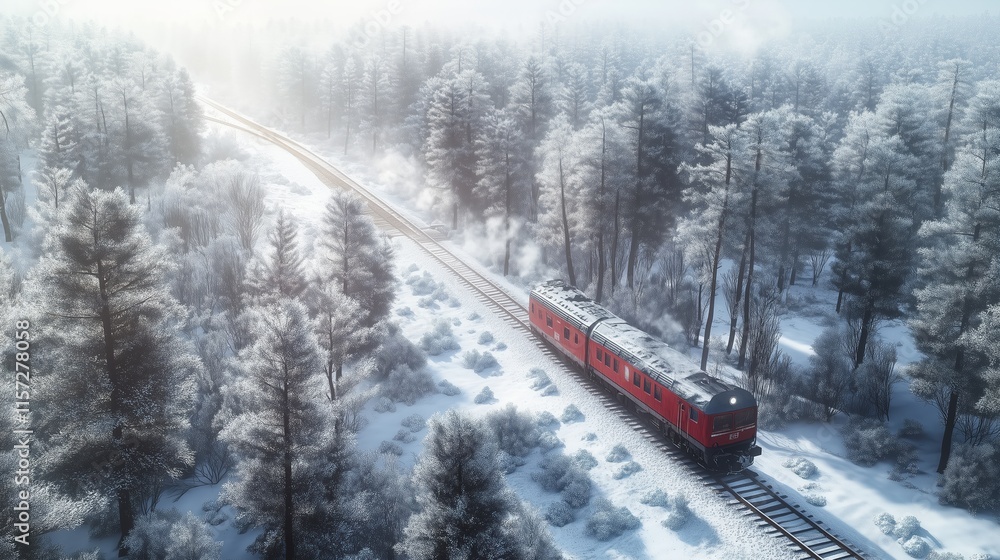 Realistic landscape of a forest in winter weather with train running in the middle of it Realistic landscape of a forest in winter weather with train running in the middle of it