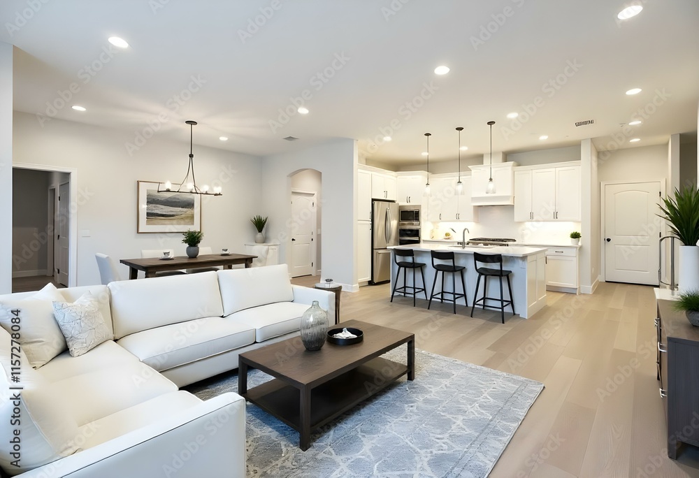 Fototapeta premium A modern and spacious open-concept living room and kitchen area. The kitchen features white cabinets, stainless steel appliances, and a large central island. The living room has a plush white sofa.