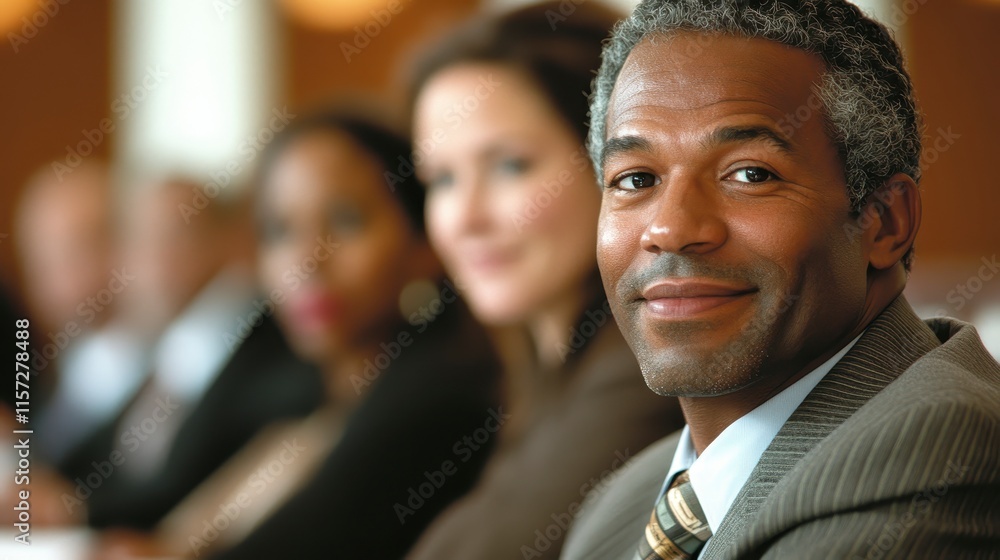 A confident businessman smiles while seated at a conference table, surrounded by colleagues engaged in discussion. A confident businessman smiles while seated at a conference table, surrounded by colleagues engaged in discussion.