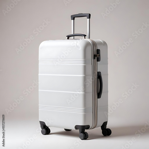 A stylish hard-shell suitcase with a matte finish, standing on a white background. photo