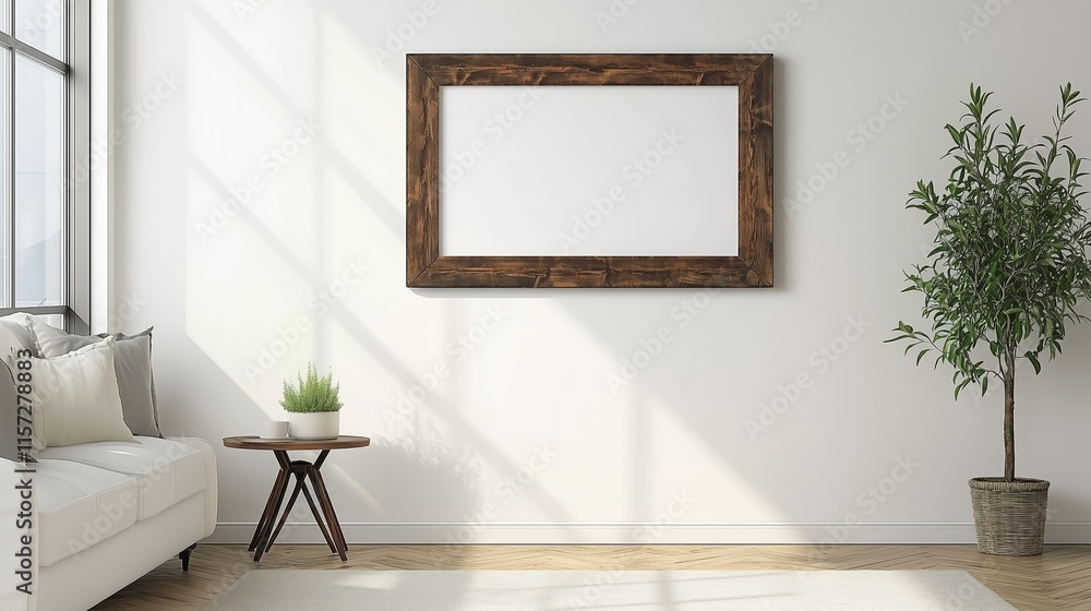 Fototapeta premium Rustic chic medium dark wood horizontal (36x24 in) picture frame against a blank empty white wall