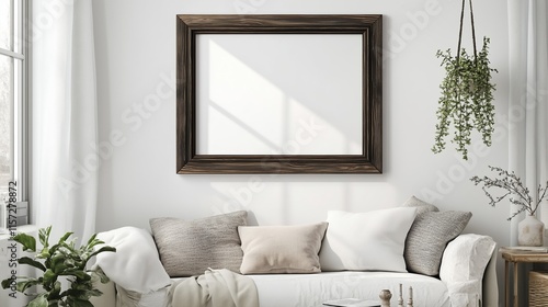 Fototapeta Naklejka Na Ścianę i Meble -  Rustic chic medium dark wood horizontal (36x24 in) picture frame against a blank empty white wall