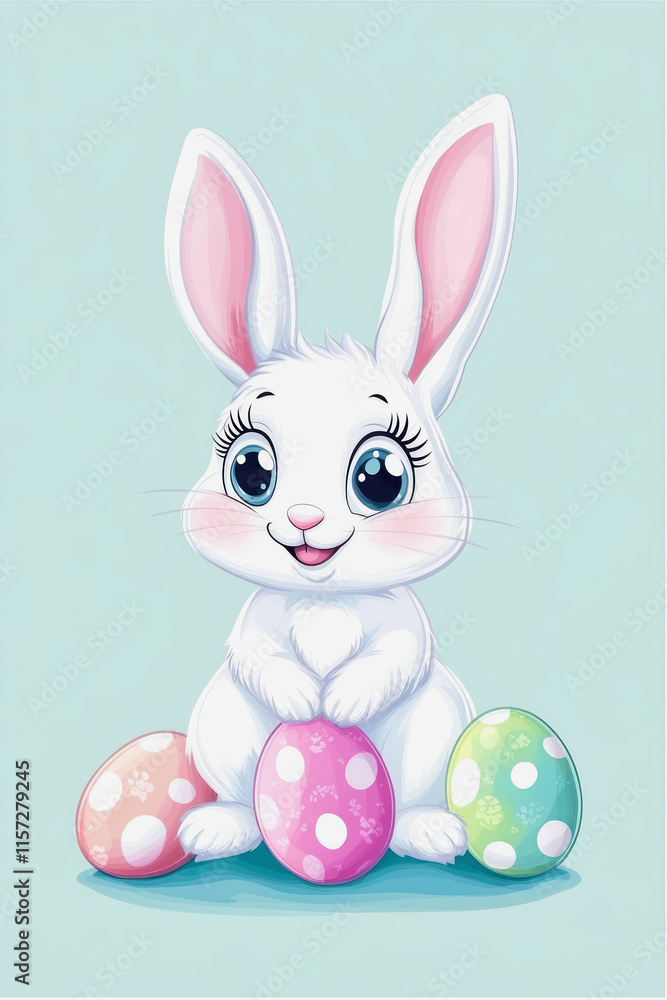 Fototapeta premium Cute bunny holding colorful Easter eggs on a pastel background. Generative AI