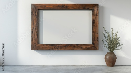 Rustic chic medium dark wood horizontal (36x24 in) picture frame against a blank empty white wall