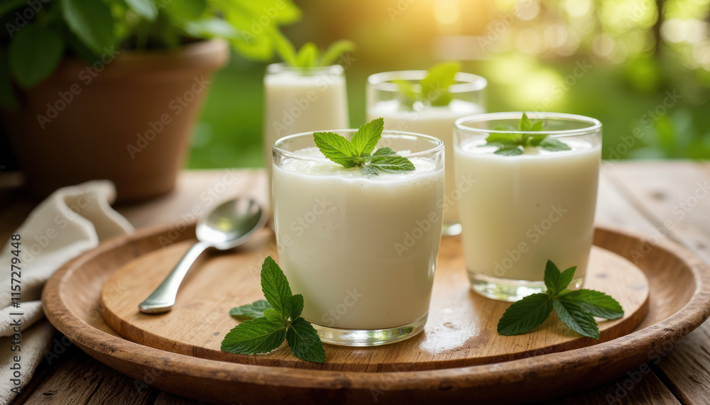 Creamy dessert served in glasses with fresh mint leaves on a wooden tray in a sunny outdoor setting Creamy dessert served in glasses with fresh mint leaves on a wooden tray in a sunny outdoor setting