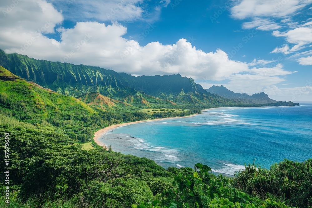 Fototapeta premium A breathtaking view of vibrant green cliffs meeting the deep blue ocean, showcasing nature's beauty with clear skies and the expansive coastline stretching afar.