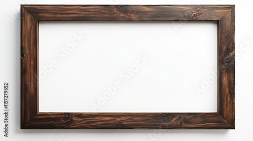 Rustic chic medium dark wood horizontal (36x24 in) picture frame against a blank empty white wall photo