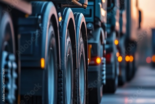 Close-up view of multiple trucks lined up on a highway. The photograph captures the wheels and chassis in low lighting, highlighting transportation logistics in motion. photo