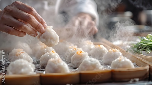 A chef's hands delicately pick up a steaming, freshly cooked dumpling from a bamboo tray. The scene showcases the art of Chinese cuisine. Master Chef Preparing Delicious Steamed Dim Sum photo