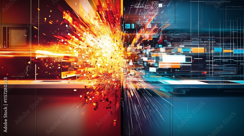 Obraz premium Dynamic abstract explosion of orange particles in geometric digital techno space : Generative AI