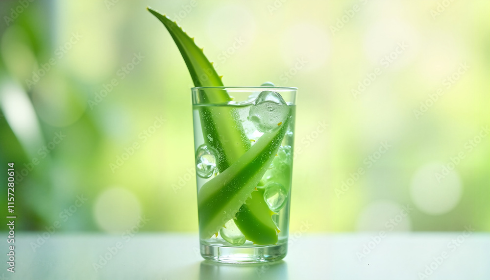 Refreshing aloe vera drink with ice cubes in a glass on a blurred green background and copy space Refreshing aloe vera drink with ice cubes in a glass on a blurred green background and copy space