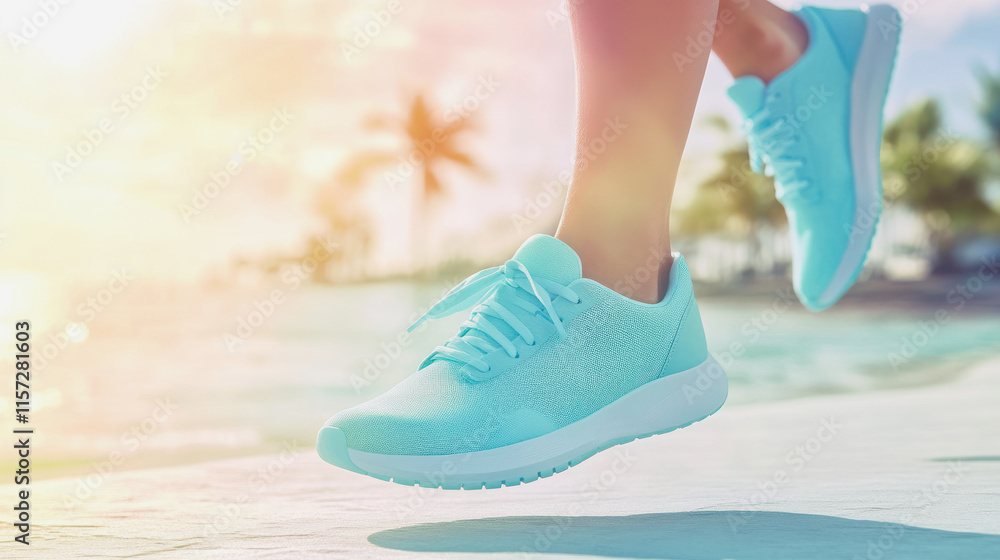 Naklejka premium Running feet in bright sport shoes near the beach at sunset. Generative AI