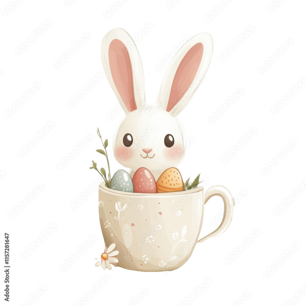 Cute little bunny nestled in a cup with floral accents, spreading delight and cheer. PNG transparent background. Cute little bunny nestled in a cup with floral accents, spreading delight and cheer. PNG transparent background.