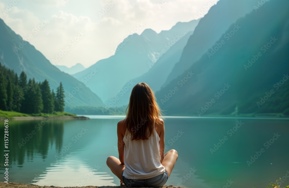 Woman sits alone by serene lake. Looking at distant mountains. Peaceful nature scene. Relaxed atmosphere. Possible morning afternoon. Green trees, water. Quiet, reflective moment. Woman enjoys Woman sits alone by serene lake. Looking at distant mountains. Peaceful nature scene. Relaxed atmosphere. Possible morning afternoon. Green trees, water. Quiet, reflective moment. Woman enjoys