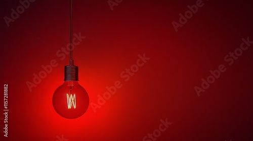 Bright red light bulb hangs against a plain red background creating a warm, cozy atmosphere in a dimly lit space