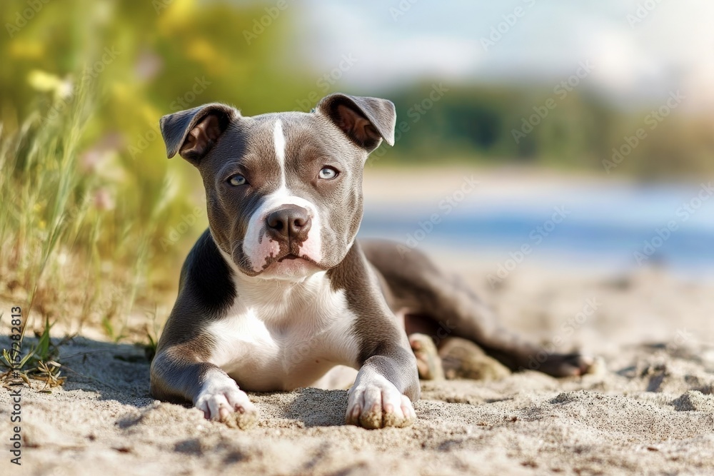 A young pitbull dog resting on a sandy beach, enjoying the warmth of the sun and the gentle breeze, with the ocean and clear sky in the background. A young pitbull dog resting on a sandy beach, enjoying the warmth of the sun and the gentle breeze, with the ocean and clear sky in the background.