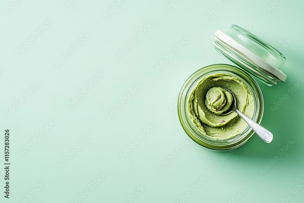 Creamy green spread in jar with spoon, set against soft mint bac Creamy green spread in jar with spoon, set against soft mint bac
