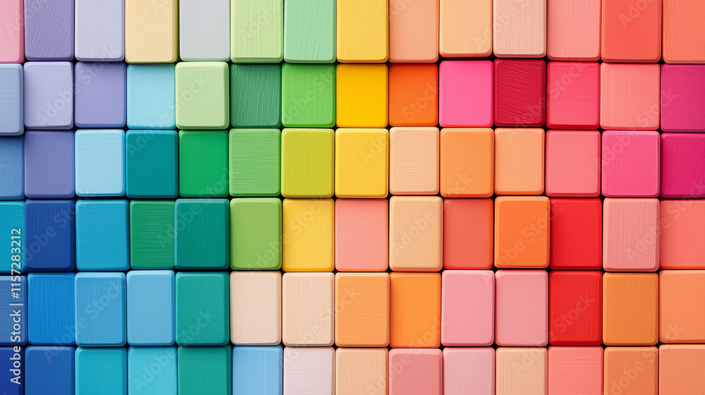 Vibrant rainbow wooden cube backdrop for product photography, featuring a colorful block pattern and flat lay perspective. Ideal for showcasing small items, crafts, or branding in a playful and creati Vibrant rainbow wooden cube backdrop for product photography, featuring a colorful block pattern and flat lay perspective. Ideal for showcasing small items, crafts, or branding in a playful and creati
