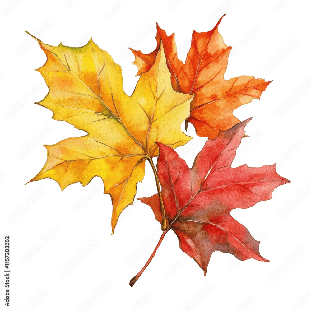 Obraz premium Fall colors leaves watercolor illustration with rich reds and golds, celebrating seasonal transitions. PNG transparent background.