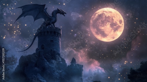 Majestic dragon soaring over ancient castle under full moon fantasy art night sky enigmatic atmosphere