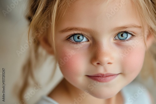 A close-up portrait of a young girl with striking blue eyes and rosy cheeks, capturing innocence and youthfulness against a softly blurred background. photo