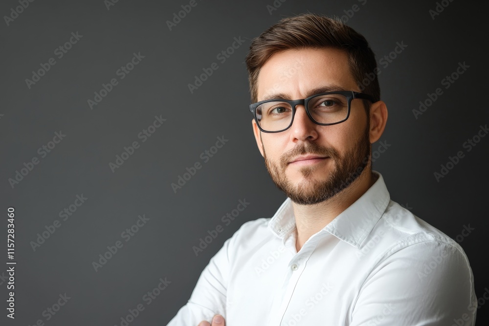 A young man with a trimmed beard and glasses is wearing a white shirt and looking confidently at the camera against a soft gray background. A young man with a trimmed beard and glasses is wearing a white shirt and looking confidently at the camera against a soft gray background.