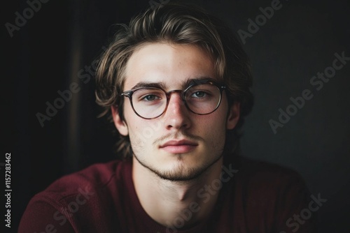 A young man with tousled brown hair and framed glasses stands confidently, setting a tone of modern intellectualism through his straight gaze and firm posture.