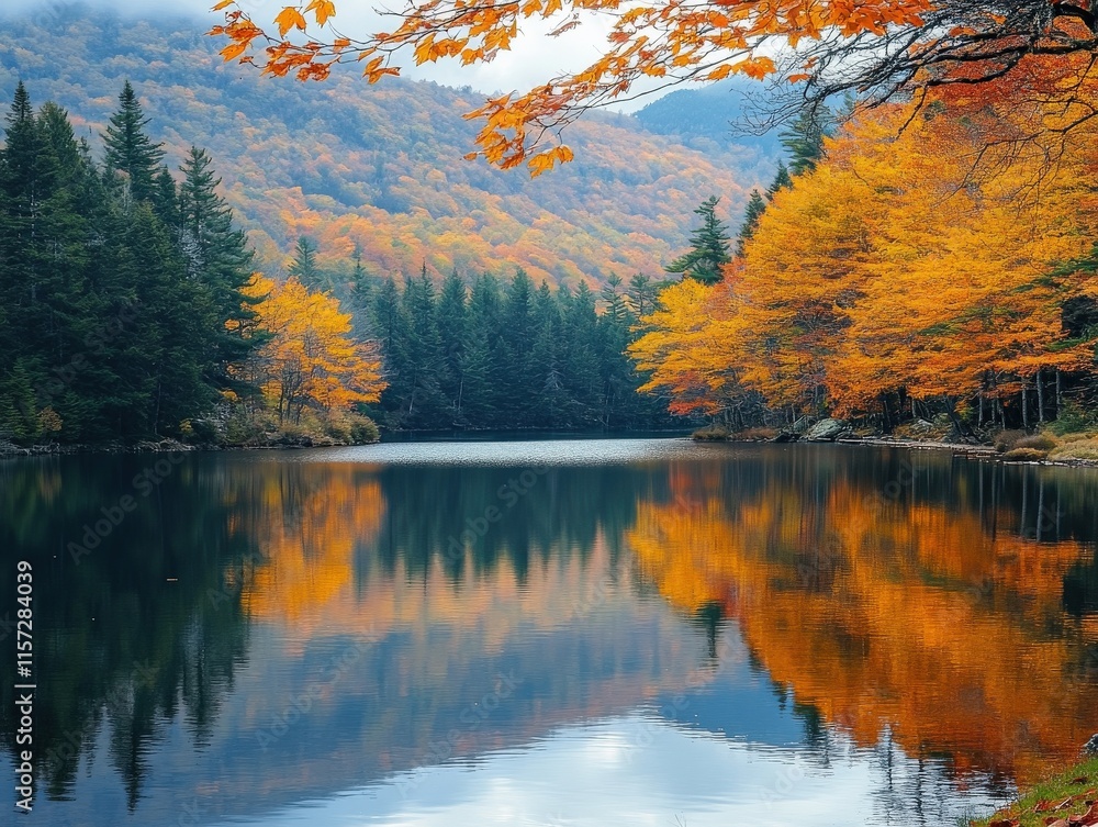 Obraz premium Autumn reflections on a tranquil lake appalachian mountains nature photography serene environment landscape viewpoint