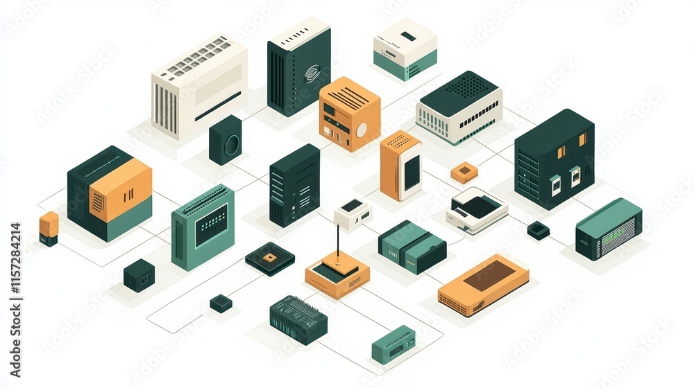 A colorful collection of isometric shapes and objects, featuring various electronic devices and components arranged in a dynamic layout. A colorful collection of isometric shapes and objects, featuring various electronic devices and components arranged in a dynamic layout.