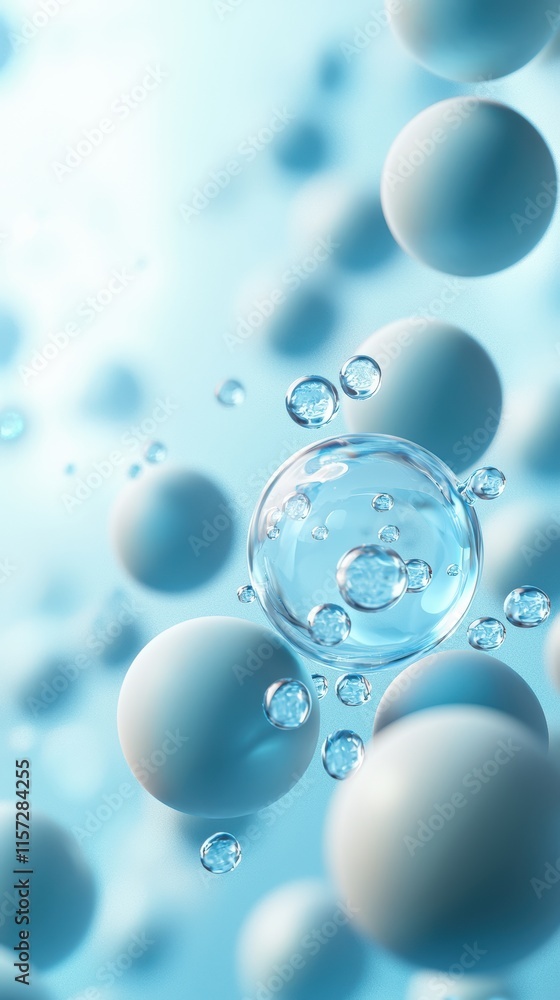 Repairing hydration in aging skin concept. A close-up view of bubbles and spheres, creating a serene underwater atmosphere with a soft blue background. Repairing hydration in aging skin concept. A close-up view of bubbles and spheres, creating a serene underwater atmosphere with a soft blue background.