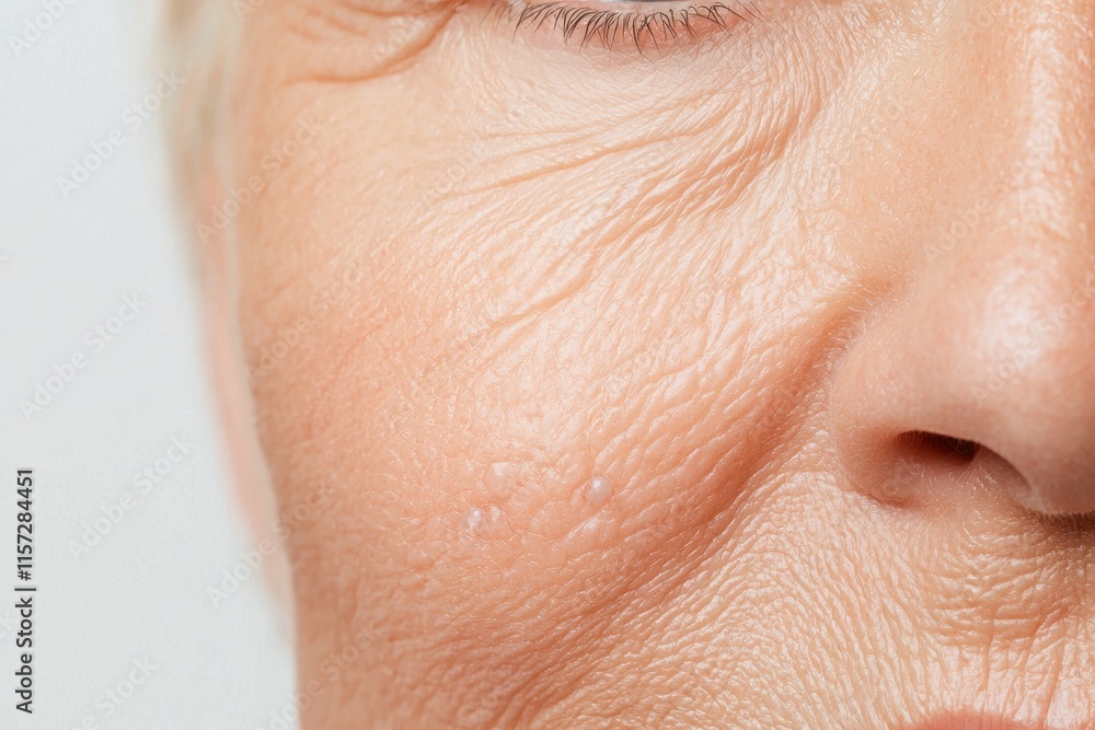 Repairing hydration in aging skin concept. A close-up of an older woman's face, highlighting fine lines and texture on her skin, emphasizing age and natural beauty. Repairing hydration in aging skin concept. A close-up of an older woman's face, highlighting fine lines and texture on her skin, emphasizing age and natural beauty.