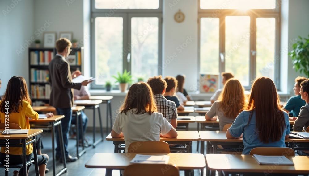 Modern classroom scene. Teacher addresses students. Diverse students focused on lesson. Bright room with natural light. Active learning environment. Collaboration, engagement highlighted. Students Modern classroom scene. Teacher addresses students. Diverse students focused on lesson. Bright room with natural light. Active learning environment. Collaboration, engagement highlighted. Students