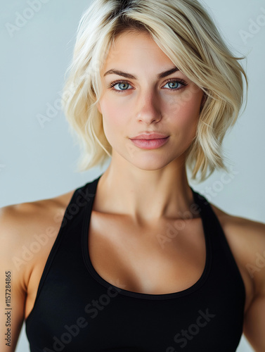 Dynamische junge Athletin mit blonden Haaren, gekleidet in schwarzem Sport-Top. Fitness-Portrait strahlt Kraft und Selbstbewusstsein aus photo