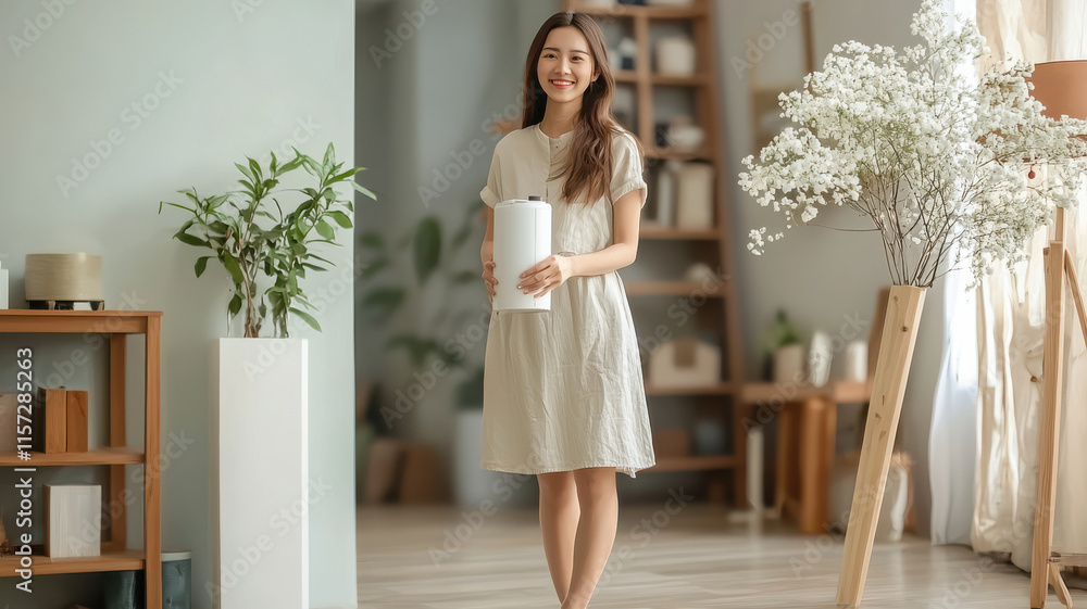 woman in light dress stands in bright, modern living space, holding white object woman in light dress stands in bright, modern living space, holding white object