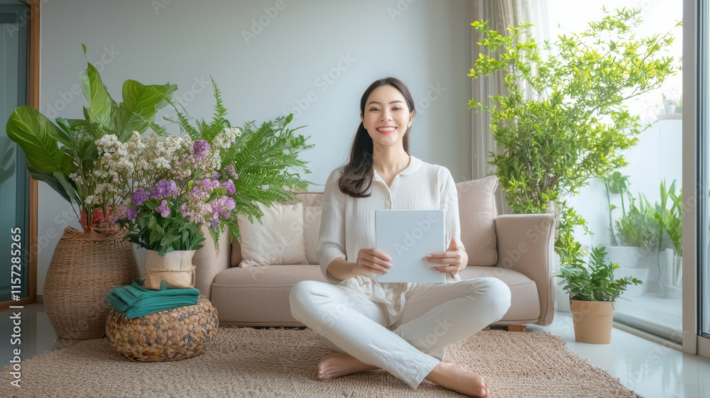 woman sitting on rug in bright room, surrounded by plants and flowers, exudes happiness woman sitting on rug in bright room, surrounded by plants and flowers, exudes happiness